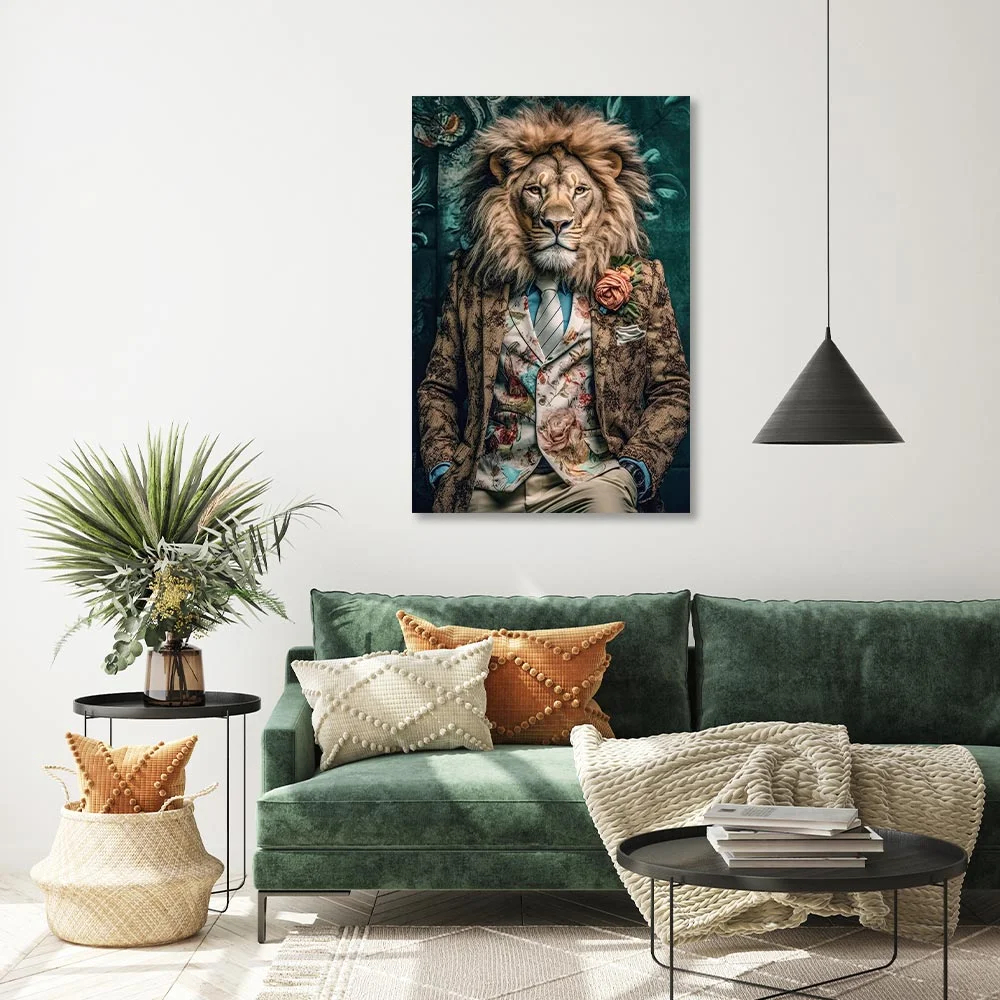 Tableau verre MASTER LION en costume motif floral 121x81CM