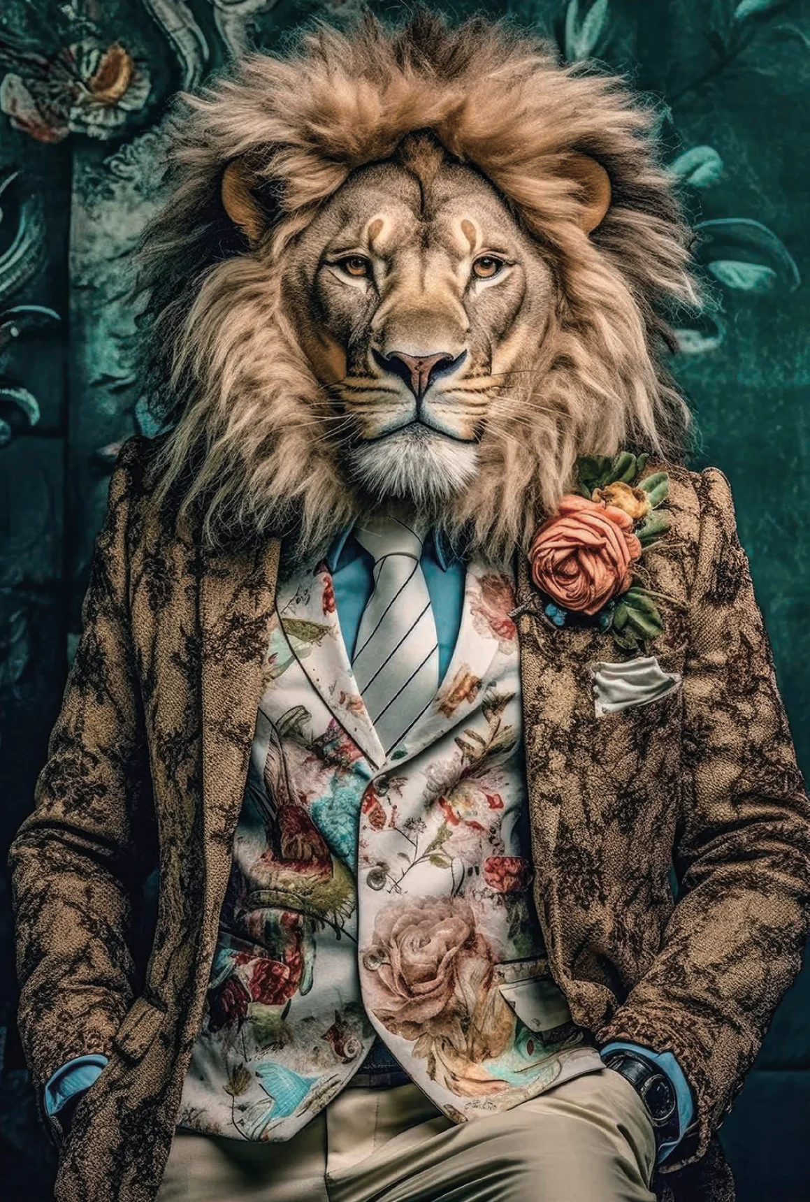 Tableau verre MASTER LION en costume motif floral 121x81CM – Image 2